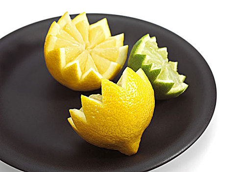 盘子,黄色,柠檬,柑橘,绿色