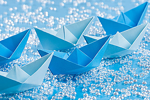 船队,蓝色,折纸,纸,船,蓝色背景,水,背景