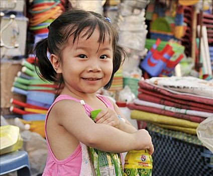 小女孩,市场,湄公河三角洲,越南,亚洲