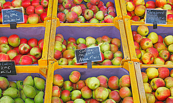 品种,新鲜,苹果,梨,木质,板条箱,市场货摊,下萨克森,德国,欧洲
