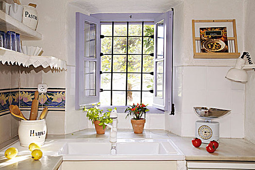 白色,水槽,架子,蕾丝,打开,窗户,展示,花园