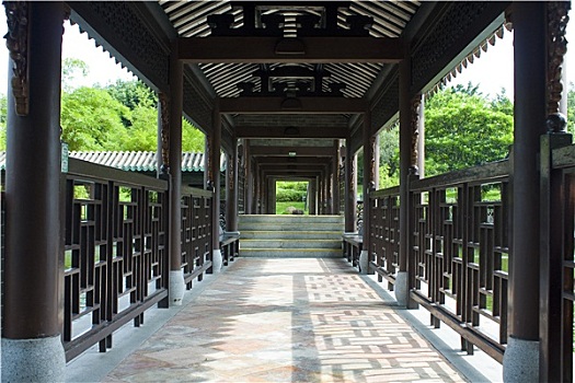 传统,中式建筑,长,走廊,户外,公园