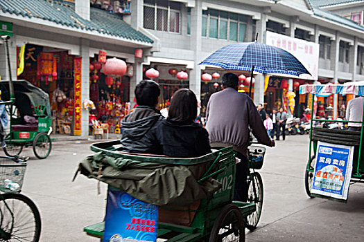 三轮车,跑,街上,正面,庙宇,老城,潮州,中国
