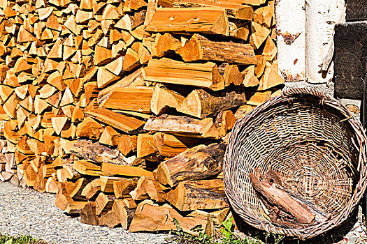 一堆,木柴,篮子,正面,山区木屋,特写,世界遗产,瓦莱,瑞士