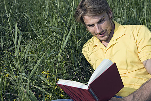 男人,坐,草丛,读,书本