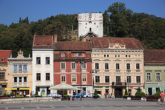 建筑,市场,白色,塔,后面,布拉索夫,特兰西瓦尼亚,罗马尼亚,欧洲