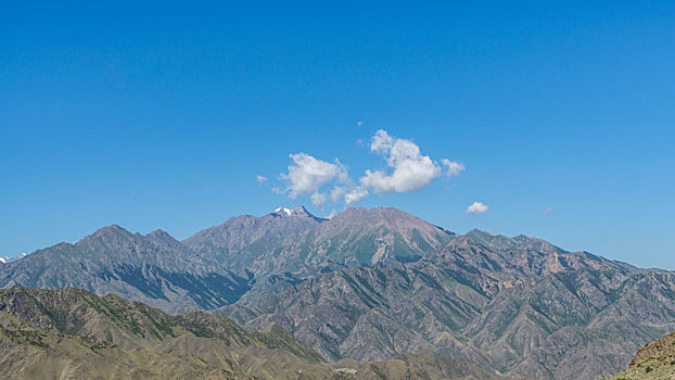 中国新疆夏季蓝天白云下g217独库公路沿途高山戈壁风景