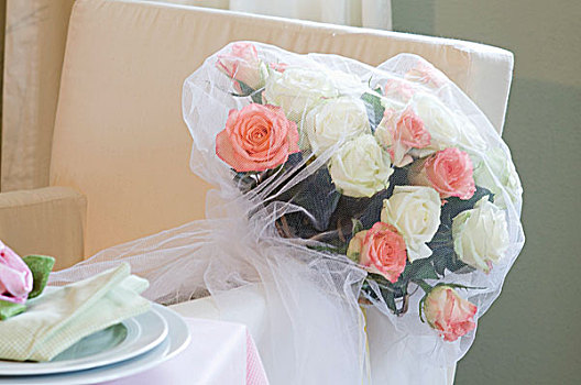 新娘手花,粉色,玫瑰,薄纱