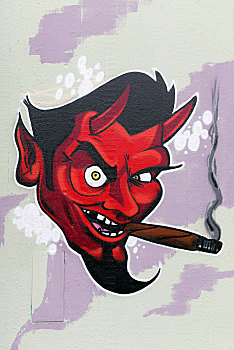 红色,魔鬼,抽雪茄,涂鸦,城市艺术,街头艺术,杜塞尔多夫,北莱茵威斯特伐利亚,德国,欧洲