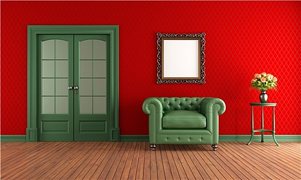 红色,绿色,旧式,房间,扶手椅,滑动门