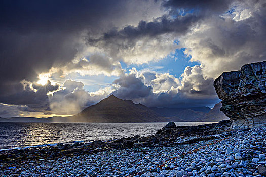苏格兰,海岸,太阳,生动,云,上方,湖,斯凯岛,英国