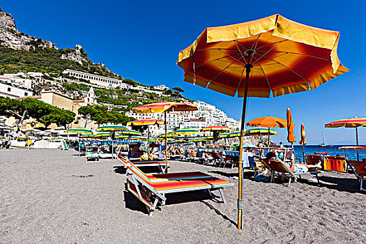 彩色,阳伞,休闲椅,海滩,阿马尔菲,省,萨勒诺,阿马尔菲海岸,坎帕尼亚区,意大利