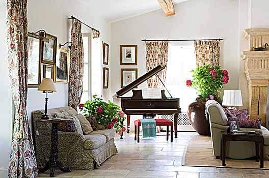 地中海,客厅,沙发,钢琴