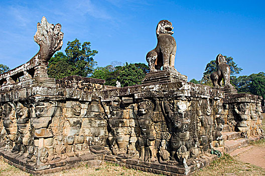 雕塑,平台,庙宇,吴哥,收获,柬埔寨,印度支那,东南亚