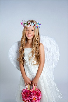 天使,孩子,女孩,拿着,花,包,翼