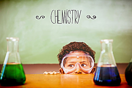化学,男孩,看,锥形烧瓶,教室,文字