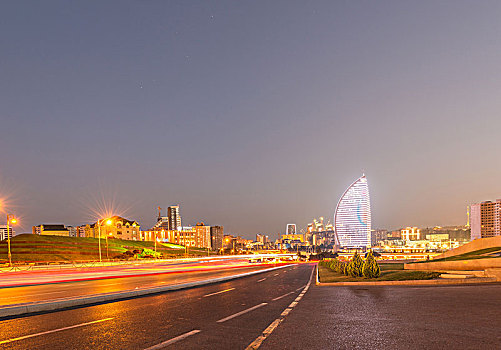 夜景,巴库,阿塞拜疆,日落