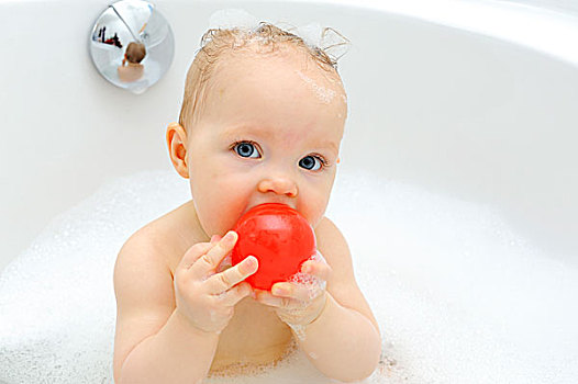 女婴,11个月,浴,玩,球,德国,欧洲