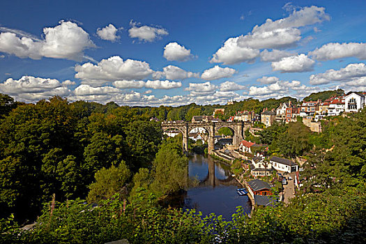 英格兰,北约克郡,河,展示,维多利亚时代风格,铁路,高架桥,反射,水,仰视