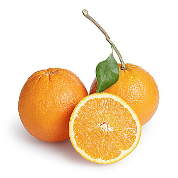 成熟,圆,橘子,一半,茎,叶子,隔绝,白色背景,背景