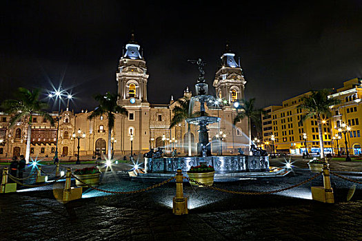 马约尔广场,广场,阿玛斯,利马,大教堂,夜晚,秘鲁,南美