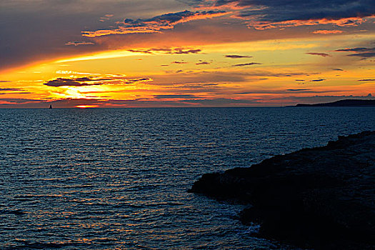 日落,上方,亚德里亚海,岬角,伊斯特利亚,克罗地亚,欧洲