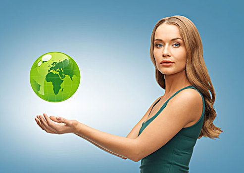 女人,拿着,绿色,地球