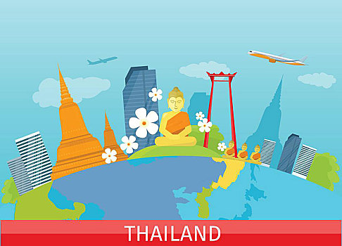 泰国,旅行,旗帜,泰国人,地标建筑,风景,传统,摩天大楼,建筑,自然,局部,序列,世界,矢量,插画