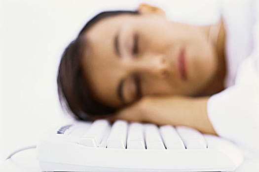 女人,睡觉,休息,迎面,电脑键盘