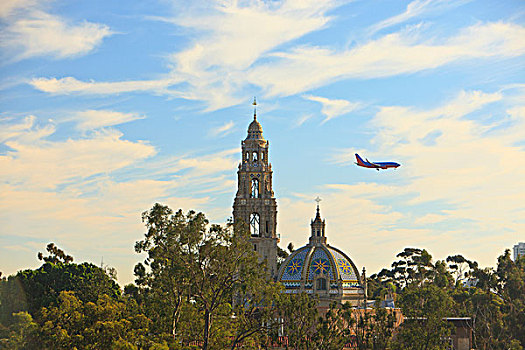 飞机,下降,圣地亚哥,机场,上方,博物馆,男人,加利福尼亚,钟楼,美国