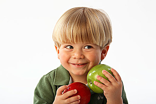 小男孩,微笑,拿着,两个,苹果