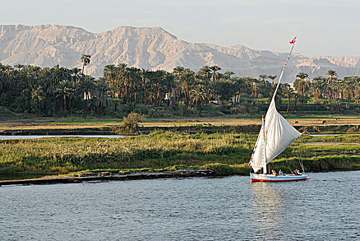 三桅帆船,传统,木质,航行,船,尼罗河,路克索神庙,尼罗河流域,埃及,非洲
