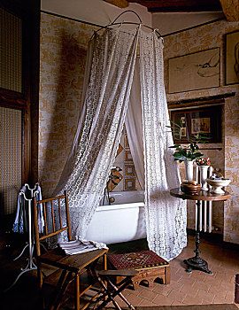 传统,乡村风格,浴室,单独,上面,浴帘,地砖