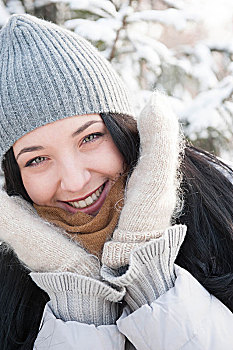 女孩,冬天,装束,微笑,雪,背景