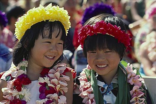 夏威夷,劳动节,节日,卡皮奥拉妮,公园,两个,小孩,坐,靠近,花,花环