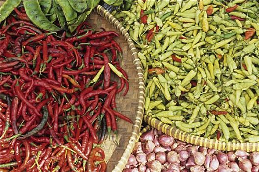 印度尼西亚,爪哇,构图,红色,黄椒,豌豆,葱类
