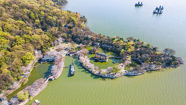 航拍江苏省无锡太湖鼋头渚赏樱楼,蠡湖渤公岛