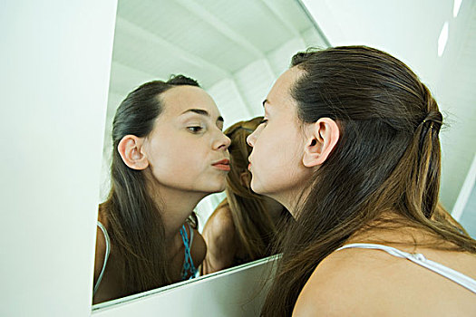 少女,看,镜子,吻,思考