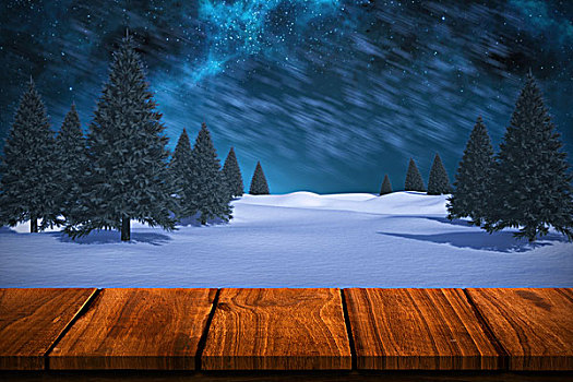 合成效果,图像,木桌子,雪景,冷杉