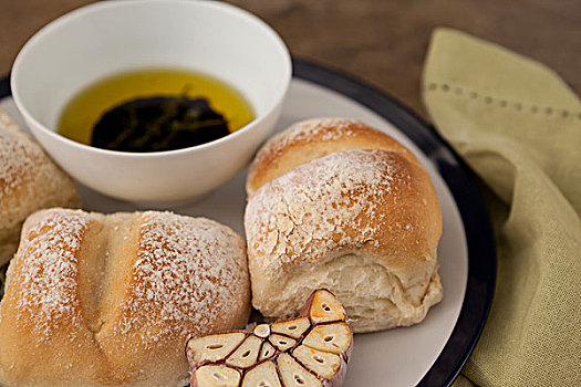 特写,面包,橄榄油,碗,盘子,桌子