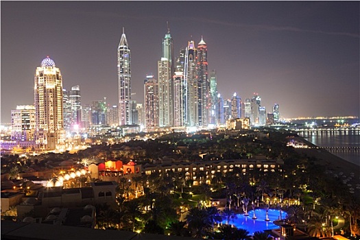 迪拜,码头,摩天大楼,夜晚,阿联酋