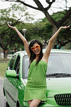 美女,绿色,女人,连衣裙,汽车