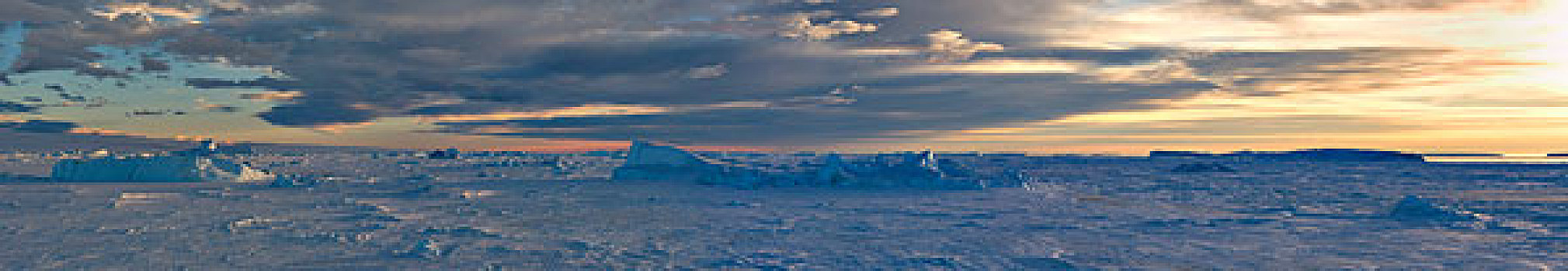 南极,威德尔海,靠近,雪丘岛,全景,海冰,冰山,日落