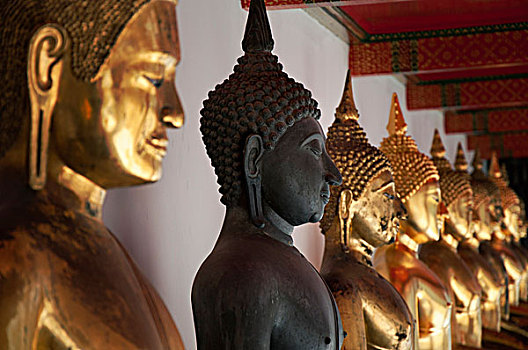 泰国,曼谷,寺院,金色,佛像,排列,一个,黑色,雕塑,庙宇