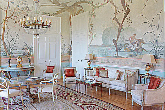 旧式家具,庄严大宅,沙龙,软垫,椅子,圆,坚实,木桌子,桌子,墙壁,涂绘,神话