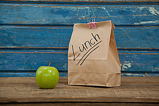 苹果,午餐,包,蓝色,木质背景