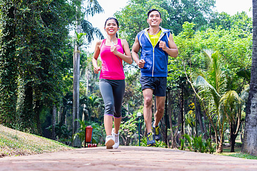 亚洲人,情侣,慢跑,跑,公园,健身