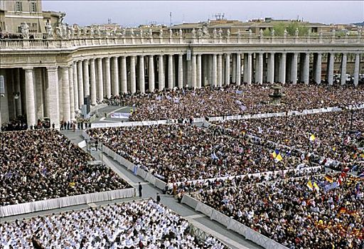 柱廊,人群,开幕,教皇,圣彼得广场,广场,梵蒂冈,罗马,意大利,欧洲