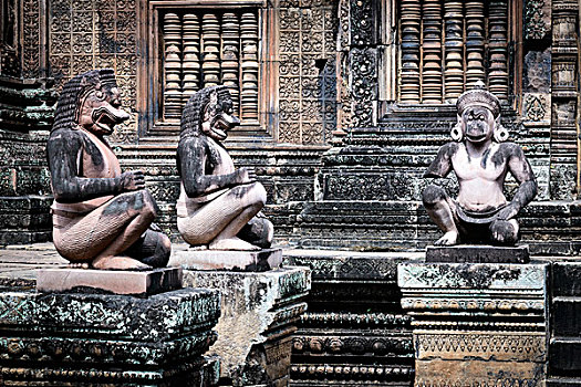 柬埔寨,吴哥窟,女王宫,庙宇,三个,猴子,雕塑,大幅,尺寸