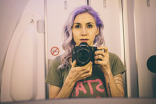 紫色,头发,女孩,镜子,浴室,飞机